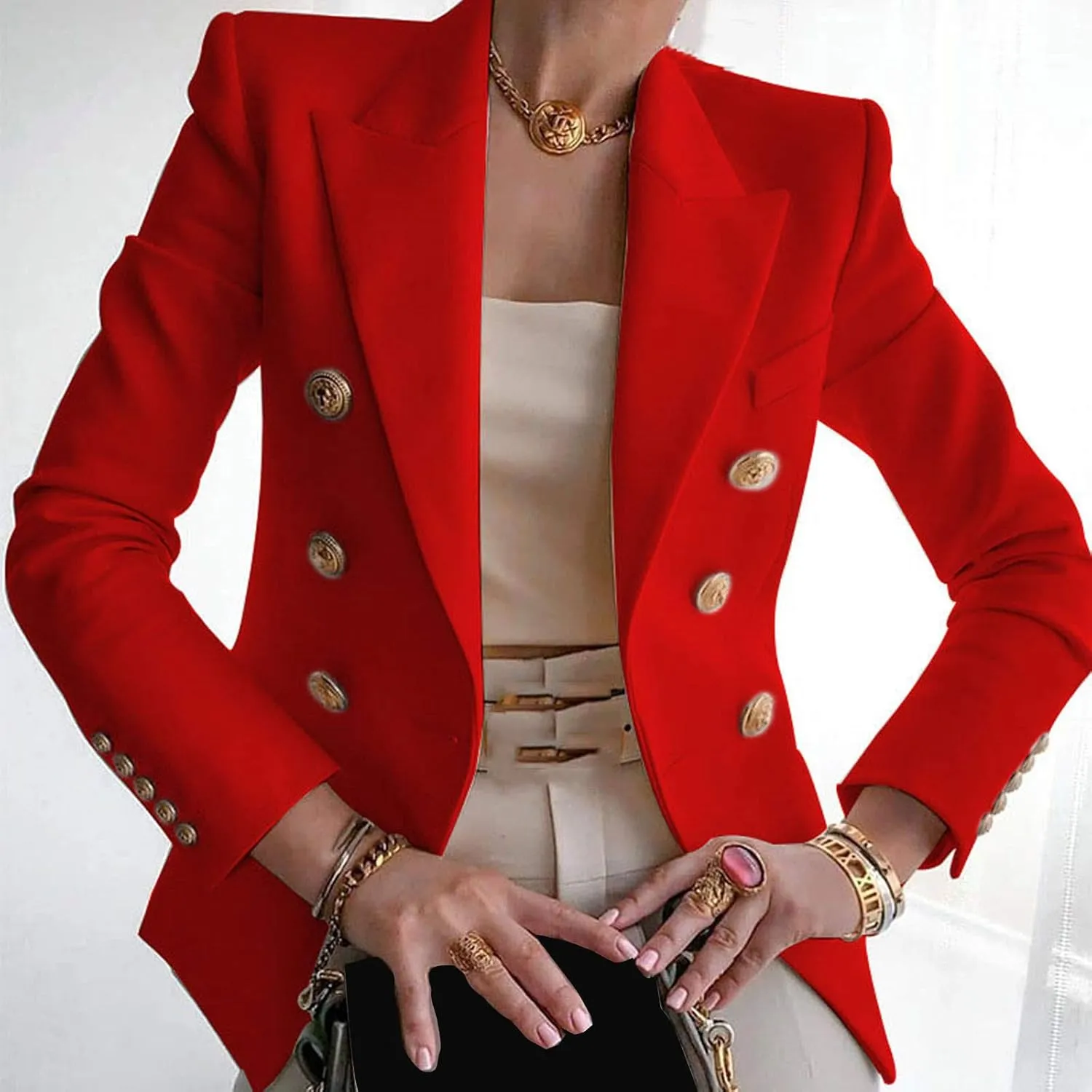 Women's Summer Blazer Button Long Sleeve Pocket Lapel Casual Business Convenient Soft Comfy Fashion Suit Jackets