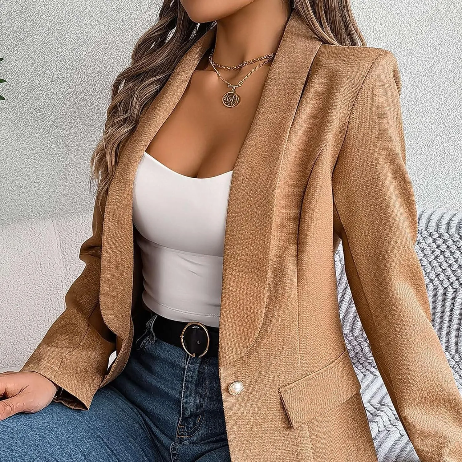Women's Summer Blazer Button Long Sleeve Pocket Lapel Casual Business Elegant Solid Color Fashion Lightweight