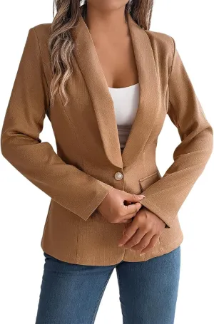 Women's Summer Blazer Button Long Sleeve Pocket Lapel Casual Business Elegant Solid Color Fashion Lightweight