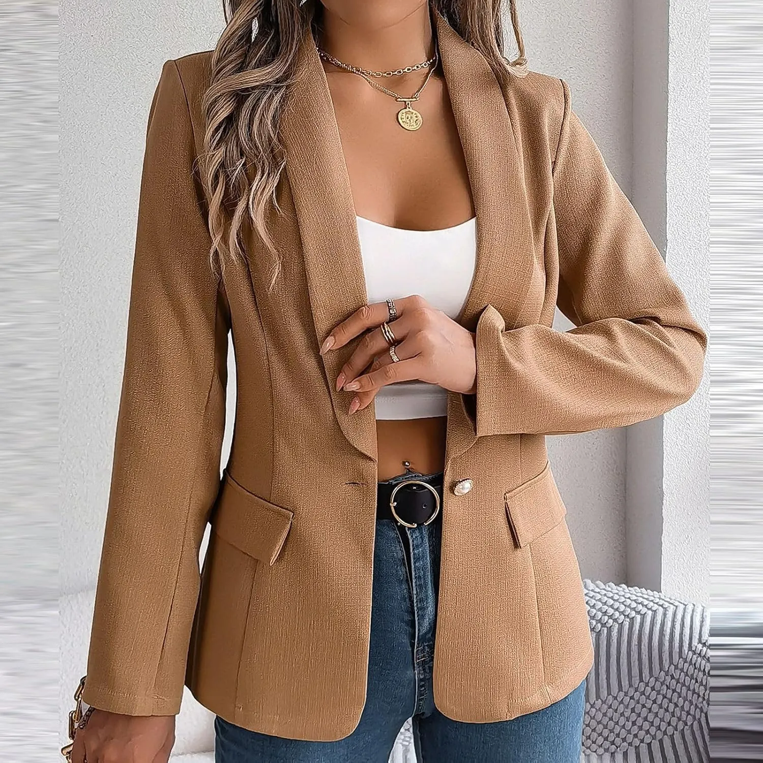 Women's Summer Blazer Button Long Sleeve Pocket Lapel Casual Business Elegant Solid Color Fashion Lightweight