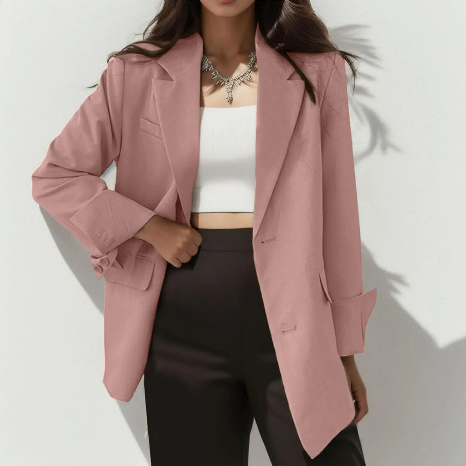 Women's Summer Blazer Button Long Sleeve Pocket Lapel Elegant Trendy Outdoor Solid Color Fashion Suit Jackets