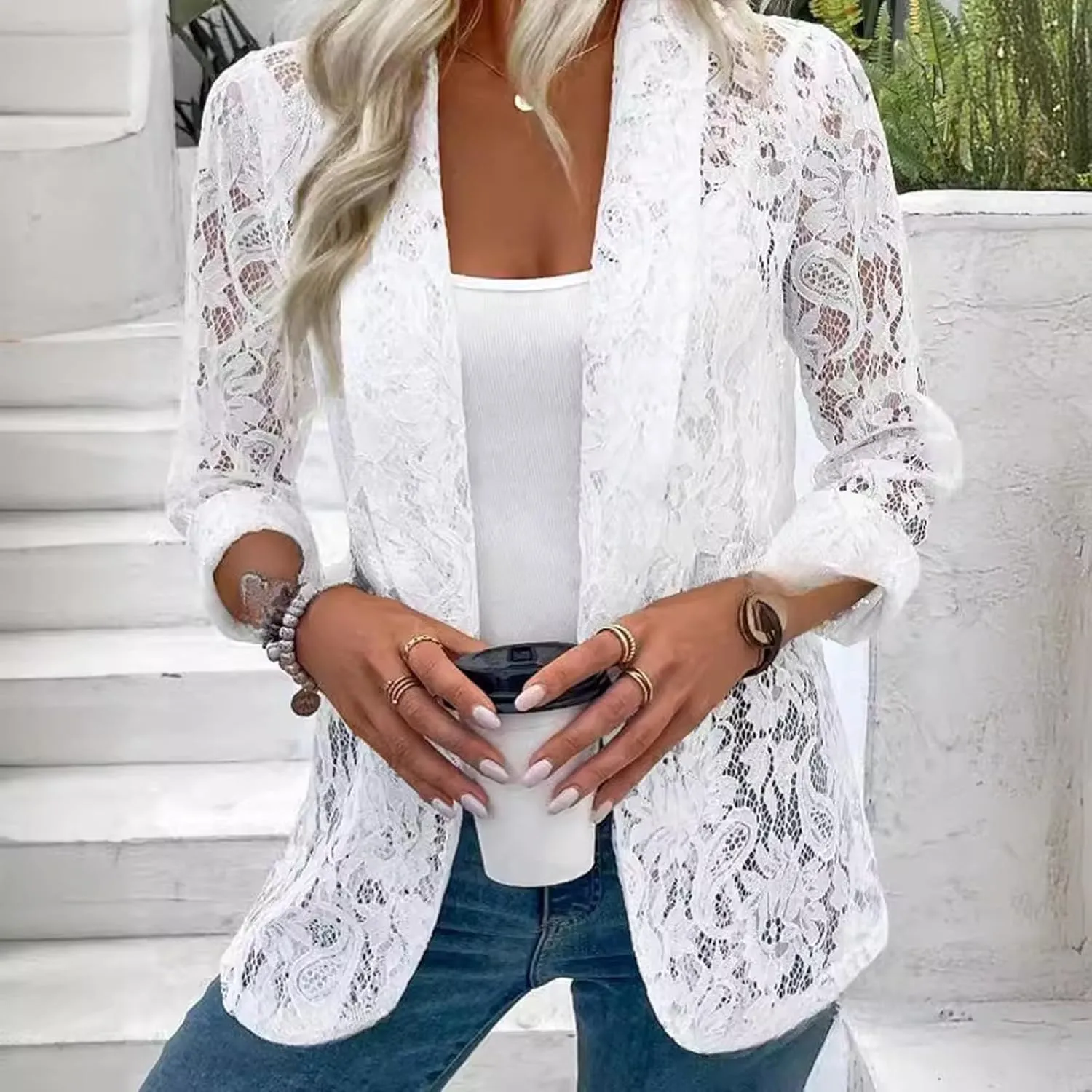 Women's Summer Blazer Lapel 3/4 Sleeve Dressy Casual Business Convenient Soft Comfy Stylish Work Suit