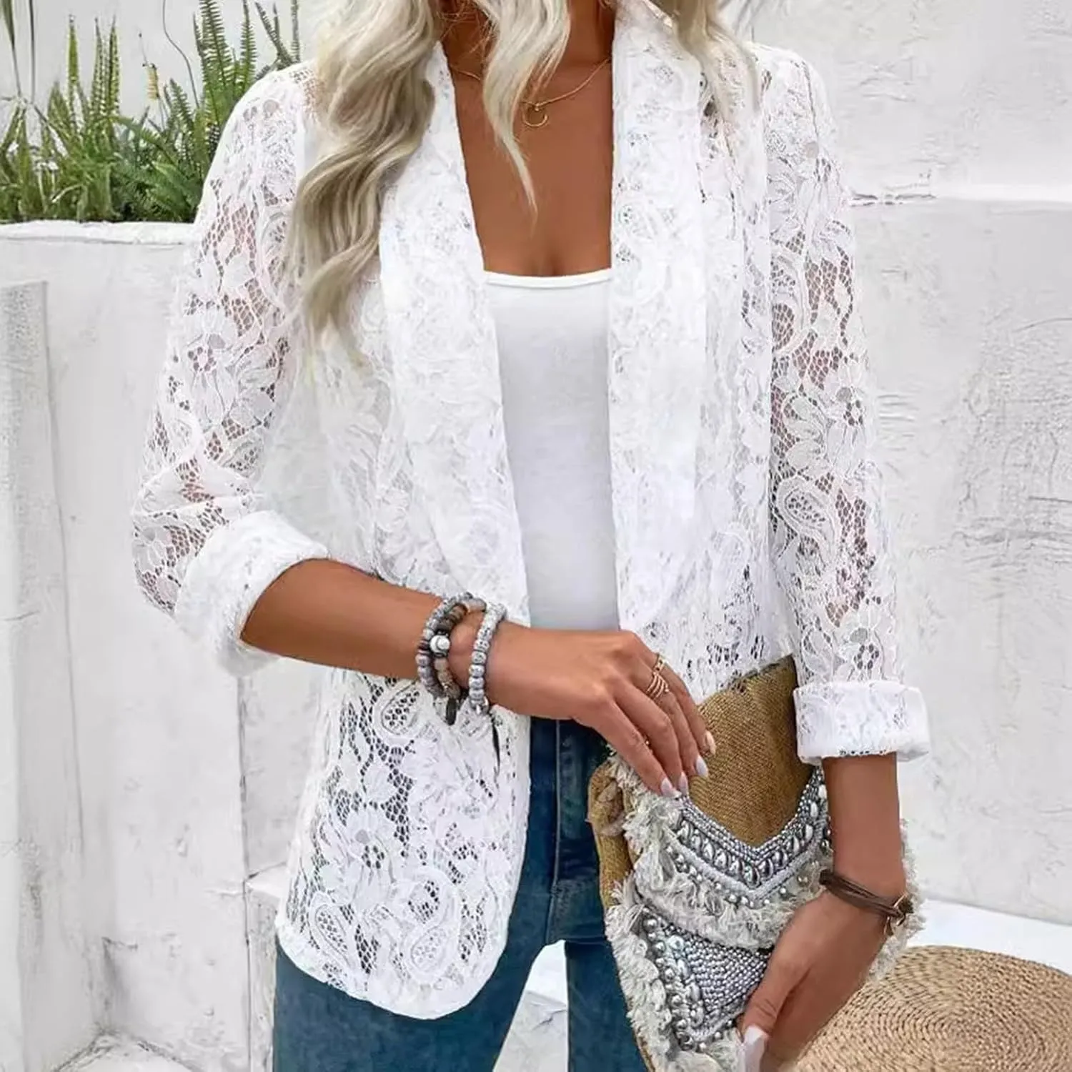 Women's Summer Blazer Lapel 3/4 Sleeve Dressy Casual Business Convenient Soft Comfy Stylish Work Suit