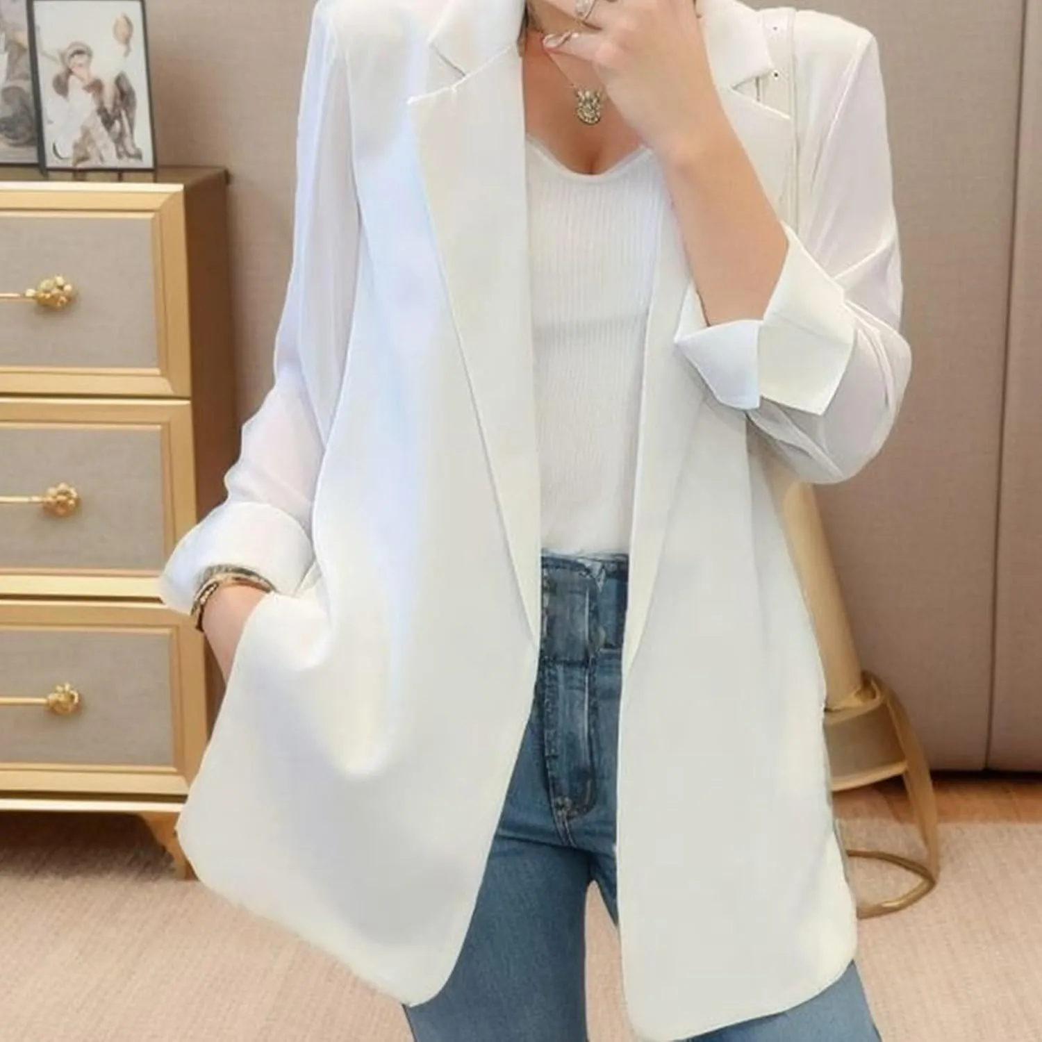 Women's Summer Blazer Lapel 3/4 Sleeve Dressy Elegant Trendy Comfortable Soft Comfy Fashion Suit Jackets