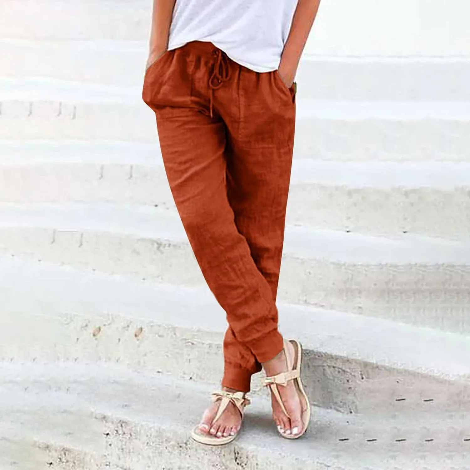 Womens Summer Linen Pants Casual Long Trousers Drawstring Elastic Waist Lounge Pants Comfy Sweatpants Joggers Pockets