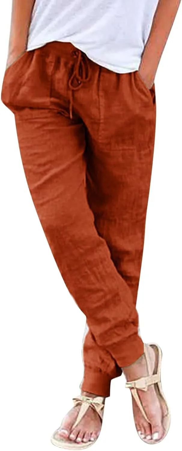 Womens Summer Linen Pants Casual Long Trousers Drawstring Elastic Waist Lounge Pants Comfy Sweatpants Joggers Pockets