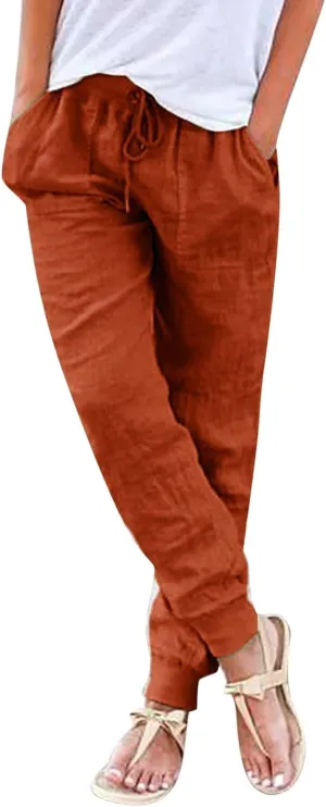 Womens Summer Linen Pants Casual Long Trousers Drawstring Elastic Waist Lounge Pants Comfy Sweatpants Joggers Pockets