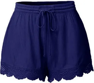 Womens Summer Shorts Casual Dressy Lace Trim Drawstring Elastic Waist Beach Pants Workout Gym Shorts Plus Size.S-5XL