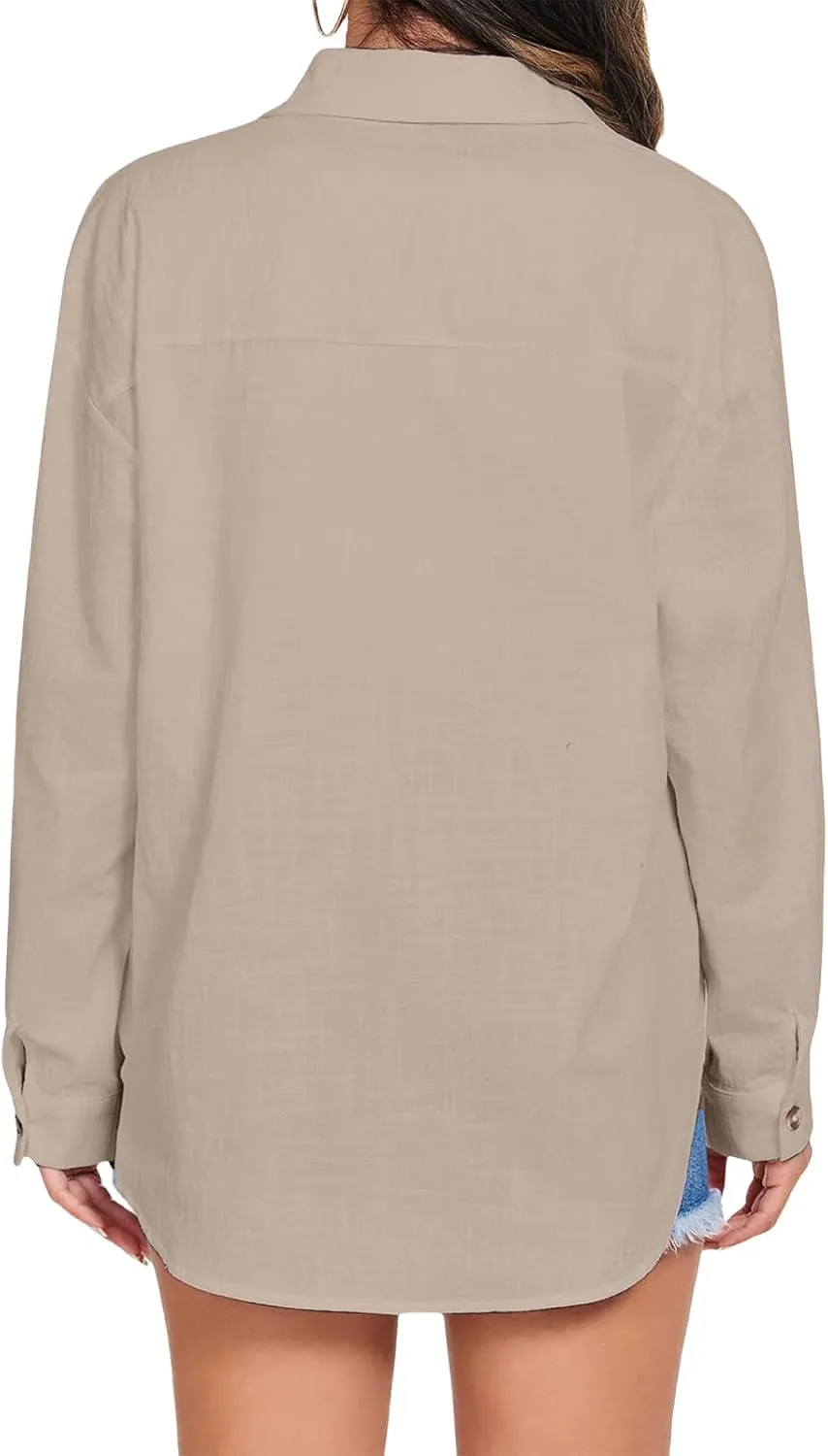 Womens Summer Tops Casual Linen Button Down Shirt V Neck Collared Long Sleeve Shirts Loose Fit Beach Tops with Pocket