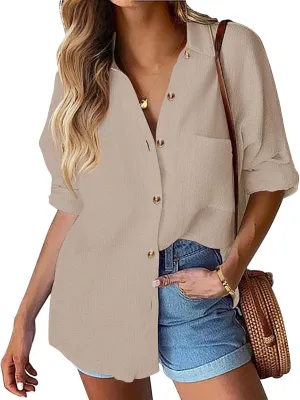 Womens Summer Tops Casual Linen Button Down Shirt V Neck Collared Long Sleeve Shirts Loose Fit Beach Tops with Pocket