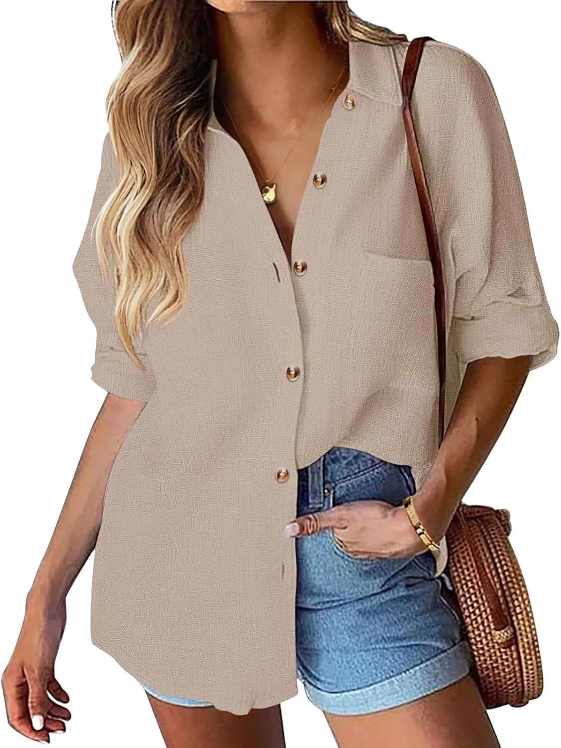Womens Summer Tops Casual Linen Button Down Shirt V Neck Collared Long Sleeve Shirts Loose Fit Beach Tops with Pocket