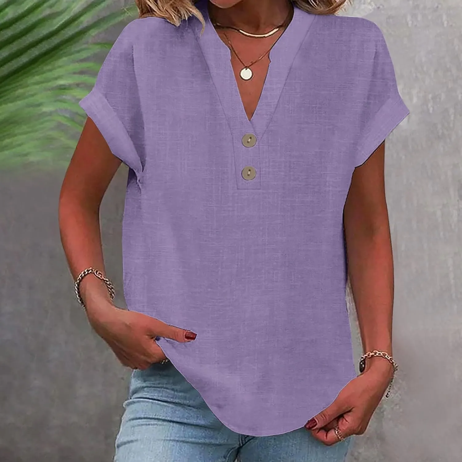 Womens Summer Tops Lightweight Trendy Linen Shirts Comfy Button Down Short Sleeve V Neck Tops Casual Dressy Blouses