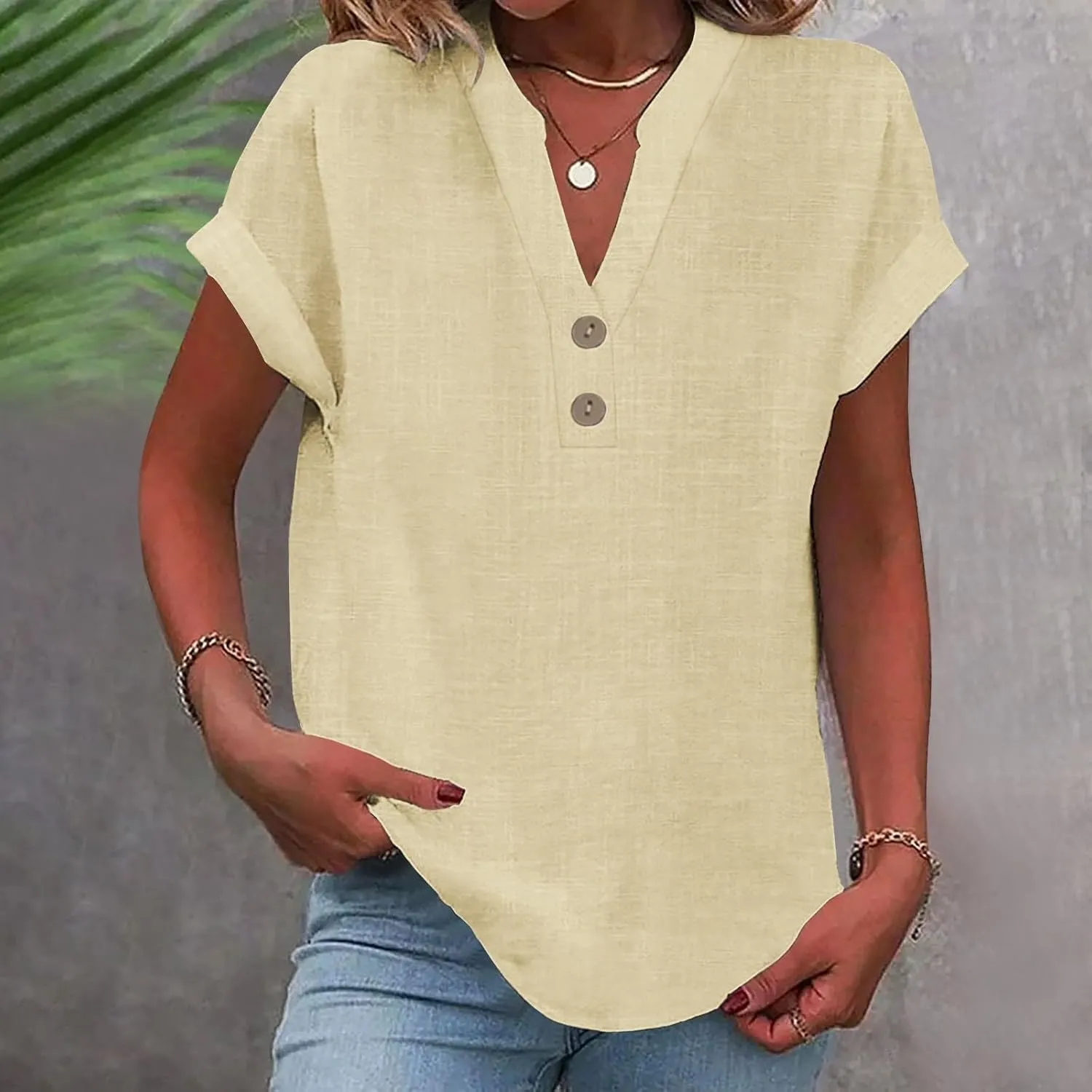 Womens Summer Tops Lightweight Trendy Linen Shirts Comfy Button Down Short Sleeve V Neck Tops Casual Dressy Blouses