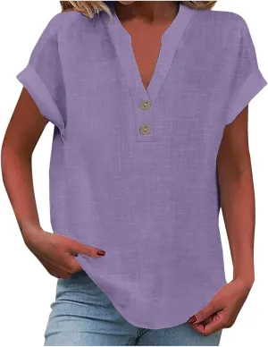 Womens Summer Tops Lightweight Trendy Linen Shirts Comfy Button Down Short Sleeve V Neck Tops Casual Dressy Blouses