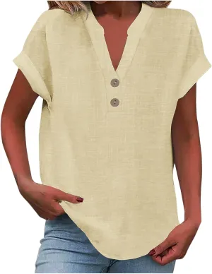 Womens Summer Tops Lightweight Trendy Linen Shirts Comfy Button Down Short Sleeve V Neck Tops Casual Dressy Blouses