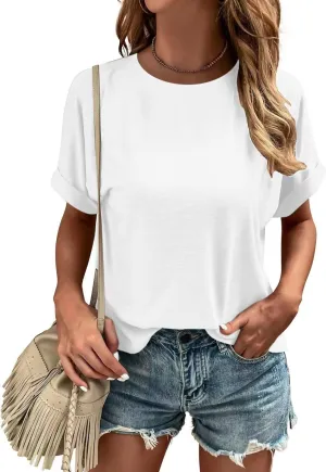 Womens T-Shirts Casual Short Sleeve Crew Neck T Shirts Loose Fit Tee Solid Basic Tops
