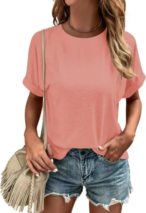 Womens T-Shirts Casual Short Sleeve Crew Neck T Shirts Loose Fit Tee Solid Basic Tops