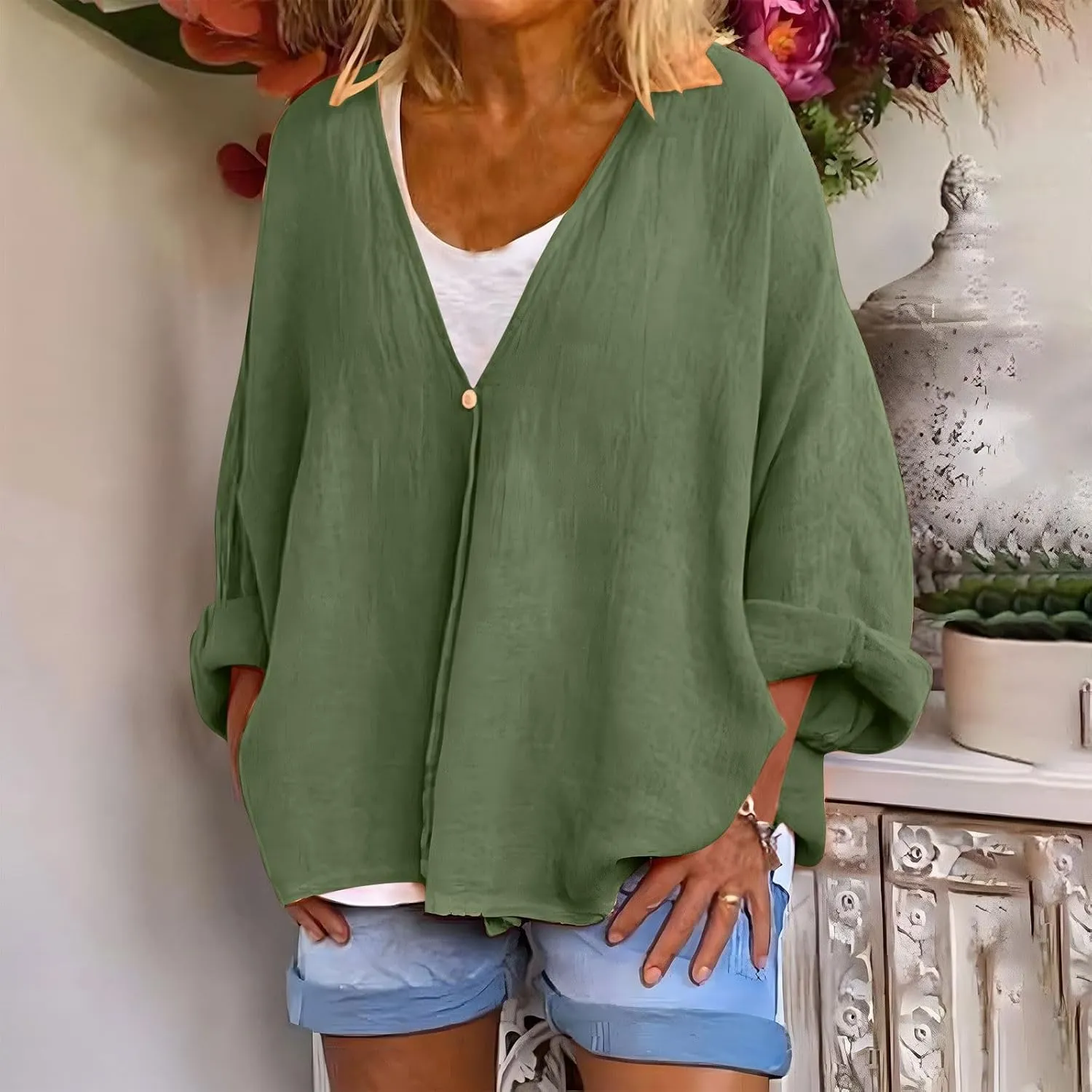 Womens Tops Casual Summer Linen Work Tops Trendy Button Down V Neck Long Sleeve Shirts Oversized Comfy Top Blouses