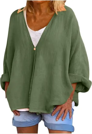Womens Tops Casual Summer Linen Work Tops Trendy Button Down V Neck Long Sleeve Shirts Oversized Comfy Top Blouses