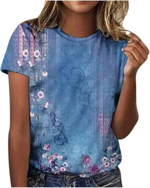 Womens Tops Round Neck Short Sleeve Floral Printed T Shirts 2024 Summer Fashion Basic Boho T Shirts