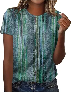 Womens Tops Round Neck Short Sleeve Floral Printed T Shirts 2024 Summer Fashion Basic Boho T Shirts