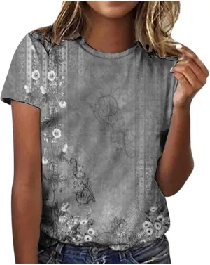 Womens Tops Round Neck Short Sleeve Floral Printed T Shirts 2024 Summer Fashion Basic Boho T Shirts