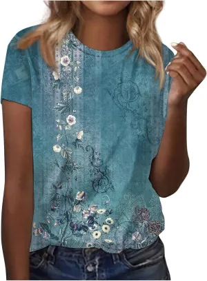 Womens Tops Round Neck Short Sleeve Floral Printed T Shirts 2024 Summer Fashion Basic Boho T Shirts