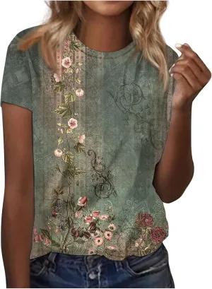 Womens Tops Round Neck Short Sleeve Floral Printed T Shirts 2024 Summer Fashion Basic Boho T Shirts