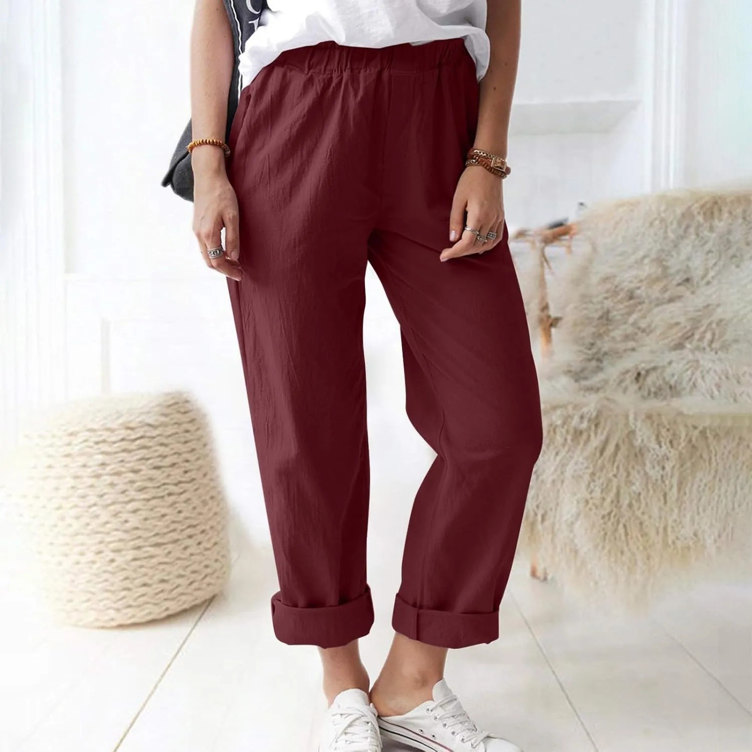 Womens Vintage Floral Print Elastic Waist Wide Leg Capri Palazzo Pants Drawstring Beach Vacation Cropped Trousers