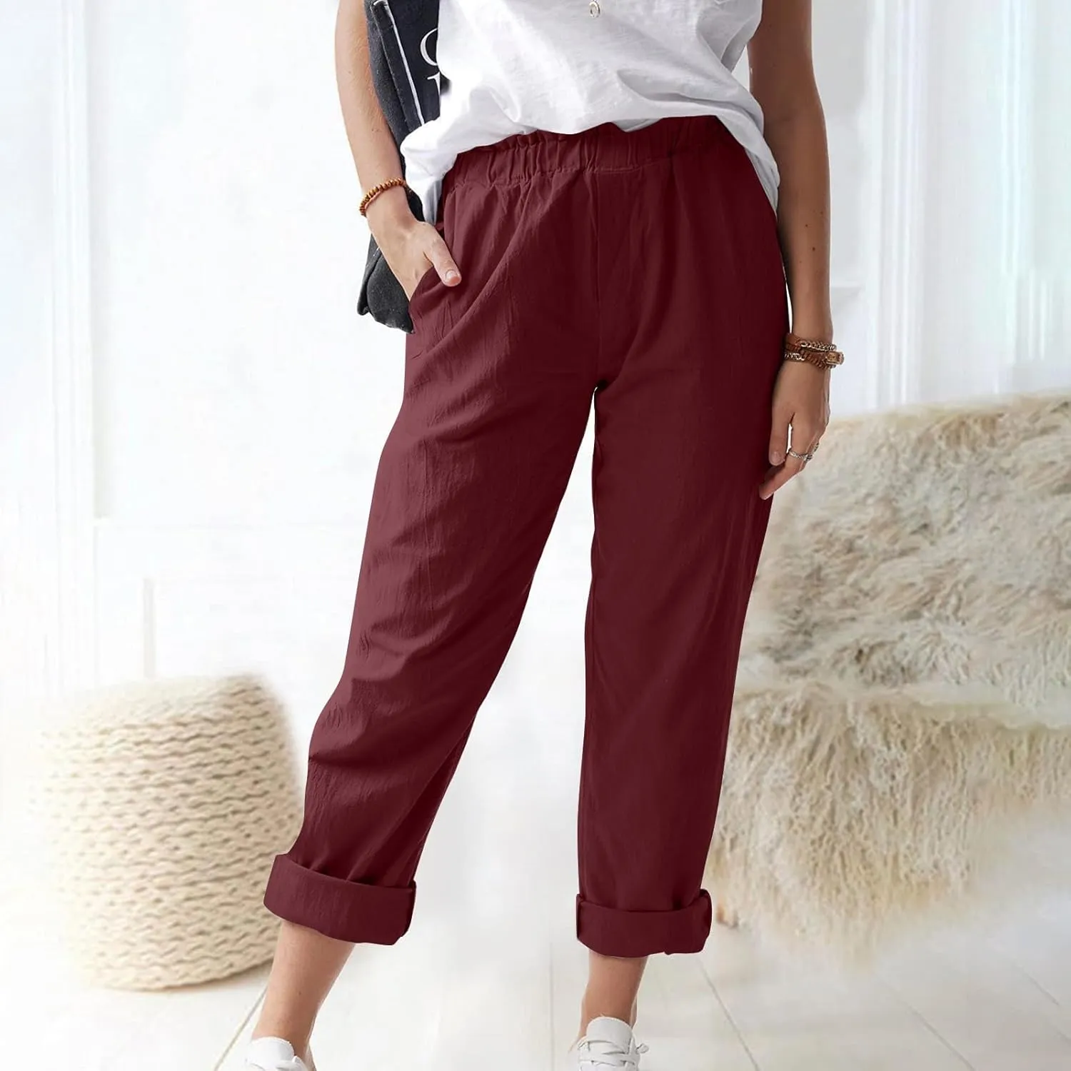 Womens Vintage Floral Print Elastic Waist Wide Leg Capri Palazzo Pants Drawstring Beach Vacation Cropped Trousers