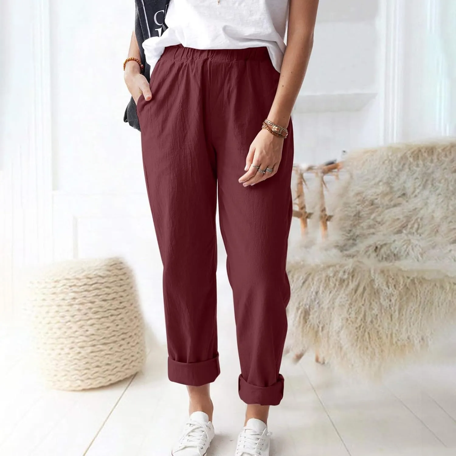 Womens Vintage Floral Print Elastic Waist Wide Leg Capri Palazzo Pants Drawstring Beach Vacation Cropped Trousers