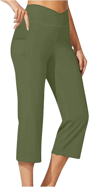Womens Wide Leg Yoga Capris Pants High Waist Capri Pants Casual Loose Lounge Sweatpants with Pockets