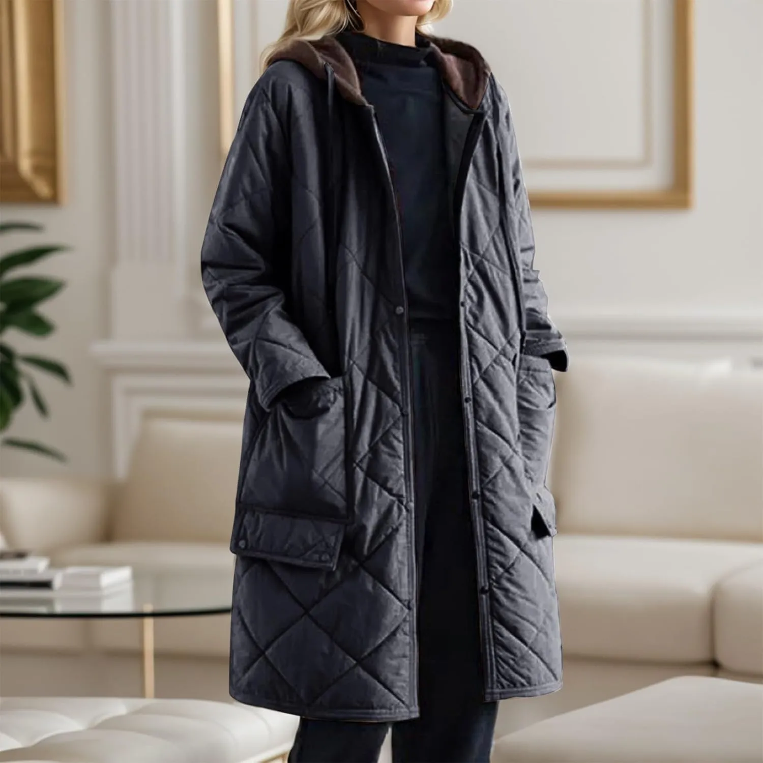 Women's Winter Casual Quilted Jackets with Hood Lightweight Button Down Long Puffer Jacket Outerwear Down Winter Coat