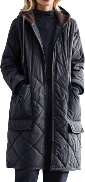 Women's Winter Casual Quilted Jackets with Hood Lightweight Button Down Long Puffer Jacket Outerwear Down Winter Coat