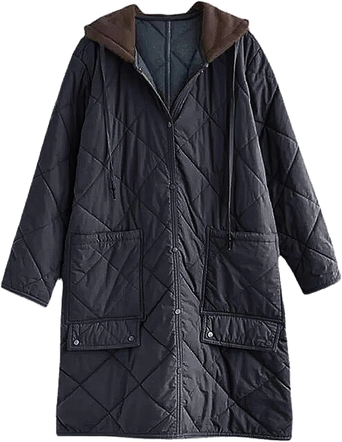 Women's Winter Casual Quilted Jackets with Hood Lightweight Button Down Long Puffer Jacket Outerwear Down Winter Coat