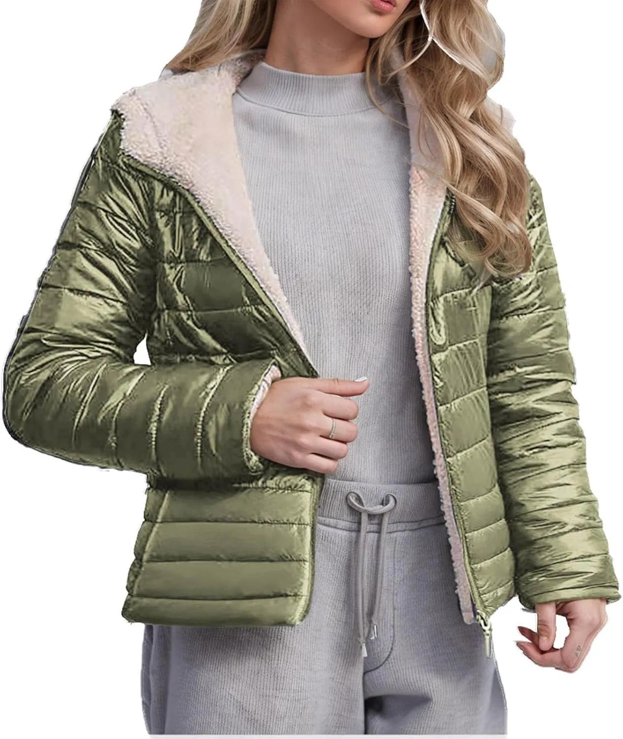 Womens Winter Coats Puffer Thickened Warm Hooded Down Jacket Sherpa Fleece Lined Down Coat Long Sleeve Quilted Jacket