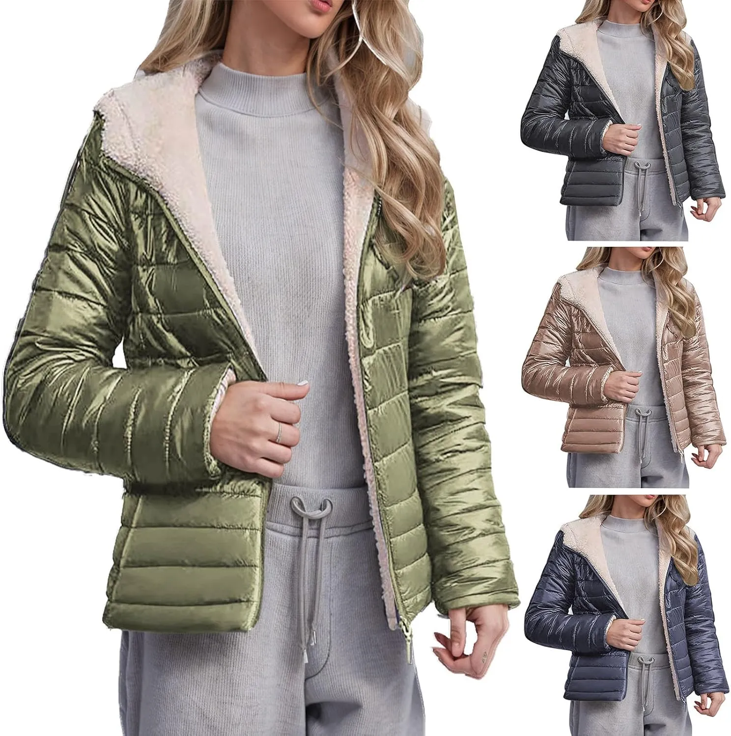 Womens Winter Coats Puffer Thickened Warm Hooded Down Jacket Sherpa Fleece Lined Down Coat Long Sleeve Quilted Jacket