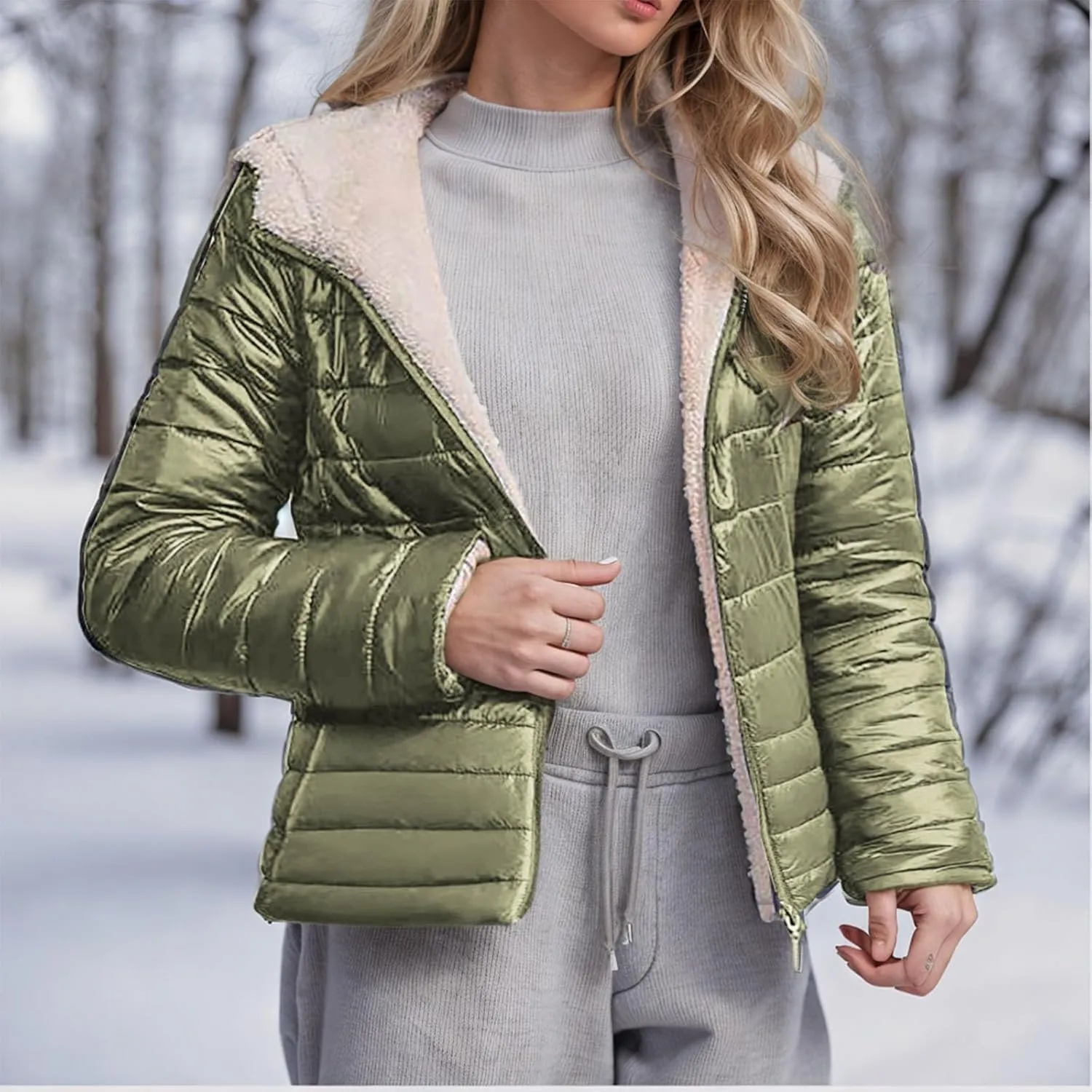 Womens Winter Coats Puffer Thickened Warm Hooded Down Jacket Sherpa Fleece Lined Down Coat Long Sleeve Quilted Jacket
