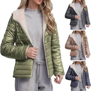 Womens Winter Coats Puffer Thickened Warm Hooded Down Jacket Sherpa Fleece Lined Down Coat Long Sleeve Quilted Jacket