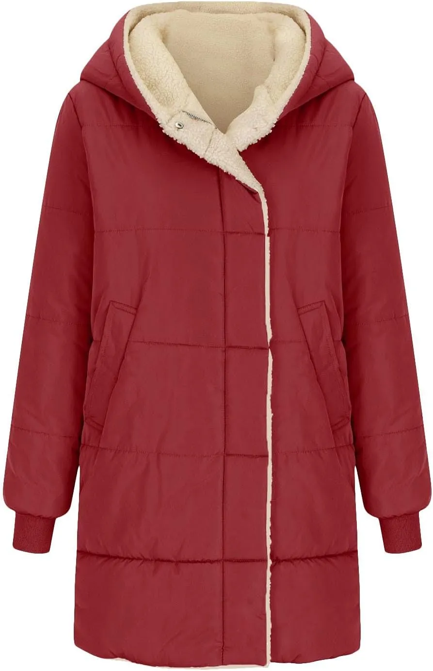 Womens Winter Coats Quilted Puffer Jacket Thicken Warm Down Coat Sherpa Lined Outerwear Button Down Puffy Jackets