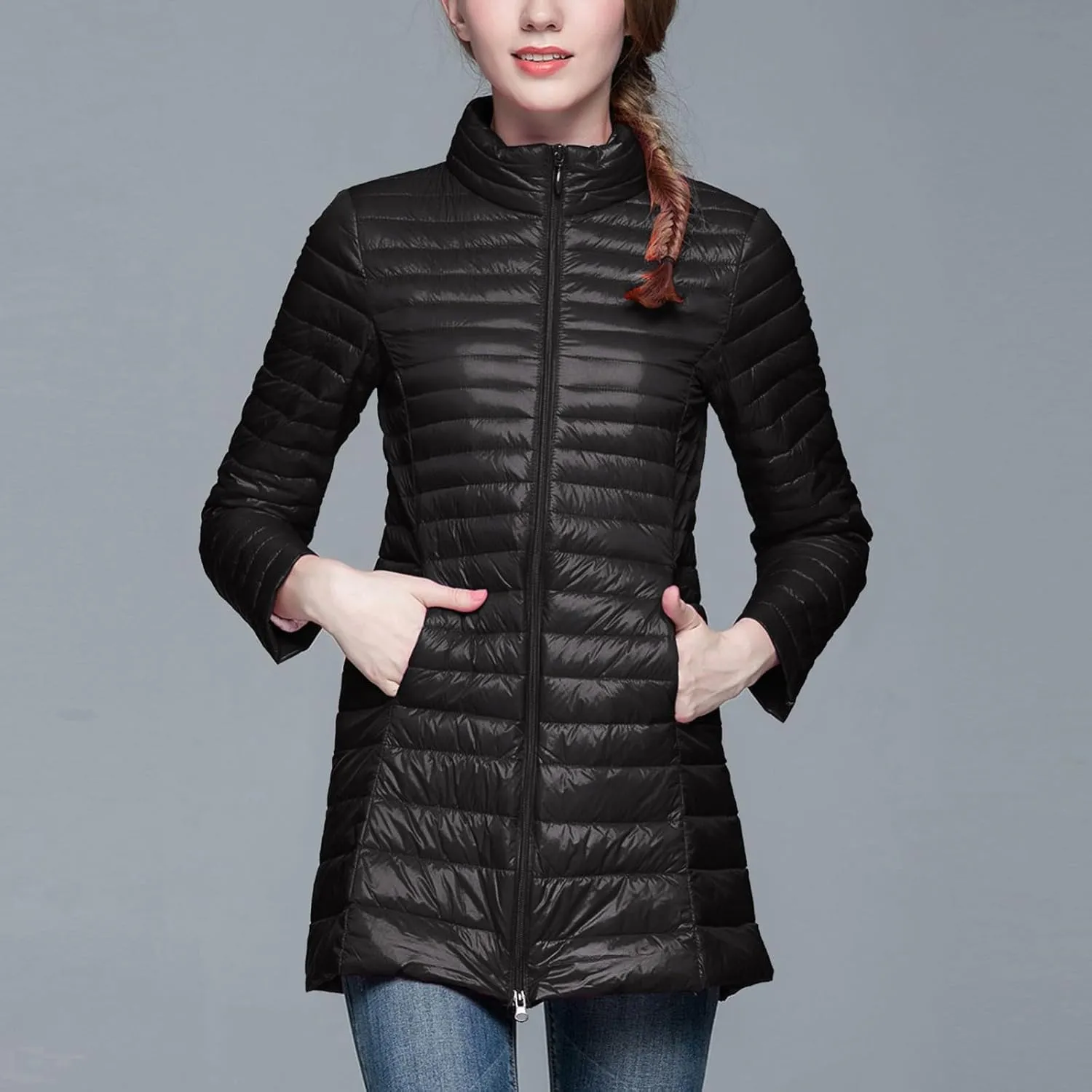 Women's Winter Down Long Jacket Warm Packable Down Thickened Puffer Warm Coat Lightweight Slim Fit Hooded Jackets