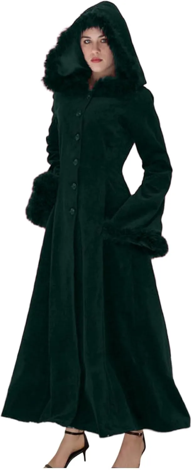 Womens Winter Party Coats Elegant Vintage Faux Fur Hooded Velvet Maxi Coat Button down Longline Velour Trench Coats