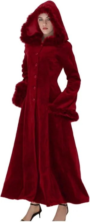 Womens Winter Party Coats Elegant Vintage Faux Fur Hooded Velvet Maxi Coat Button down Longline Velour Trench Coats