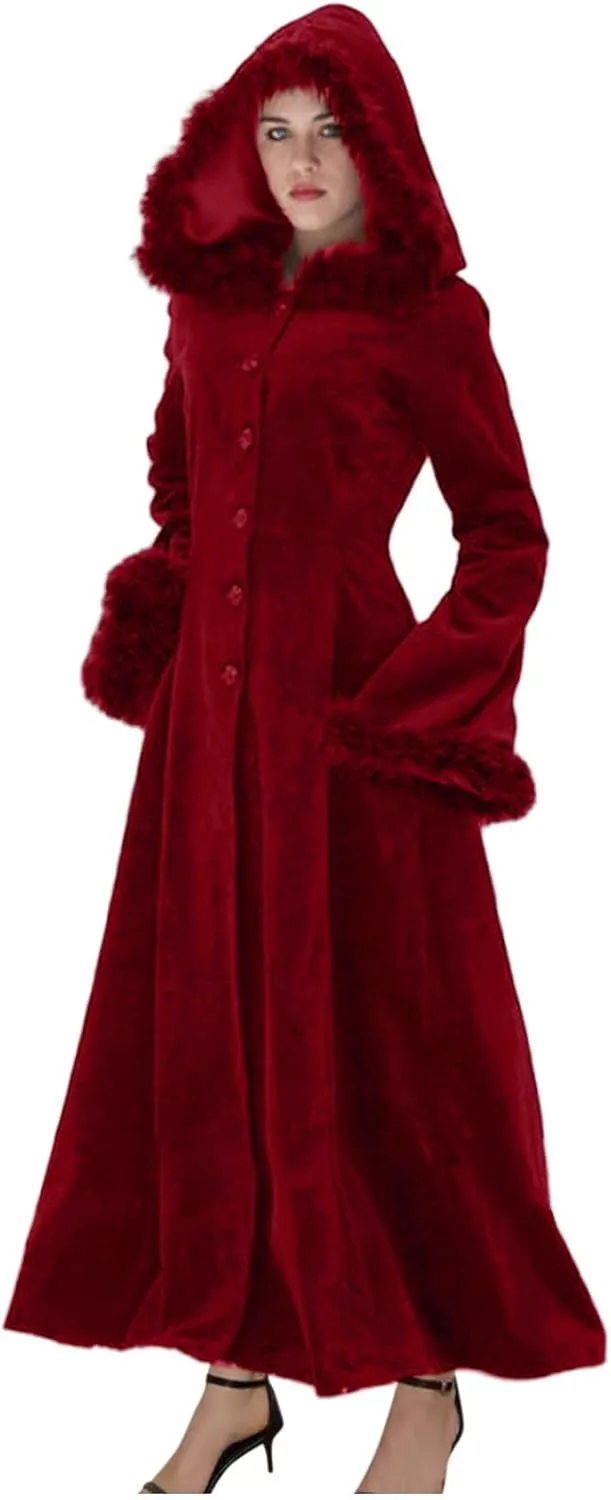 Womens Winter Party Coats Elegant Vintage Faux Fur Hooded Velvet Maxi Coat Button down Longline Velour Trench Coats
