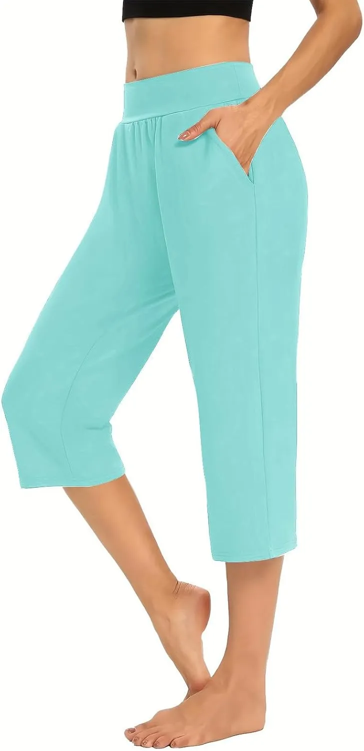 Womens Yoga Capri Pants Elastic Waisted Pants High Waisted Stretch Pants Casual Lounge Pants Summer Lightweight Pants