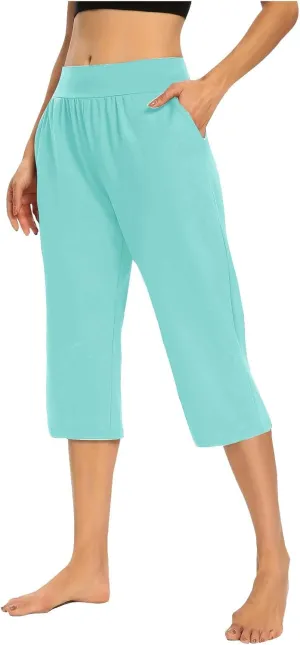 Womens Yoga Capri Pants Elastic Waisted Pants High Waisted Stretch Pants Casual Lounge Pants Summer Lightweight Pants