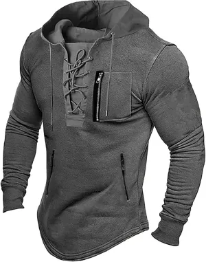 ZYXTIM Mens Military Tactical Hoodies Sweatshirts Lace Up Long Sleeve Slim Retro Distressed Gothic Shirts with Zipper Pockets
