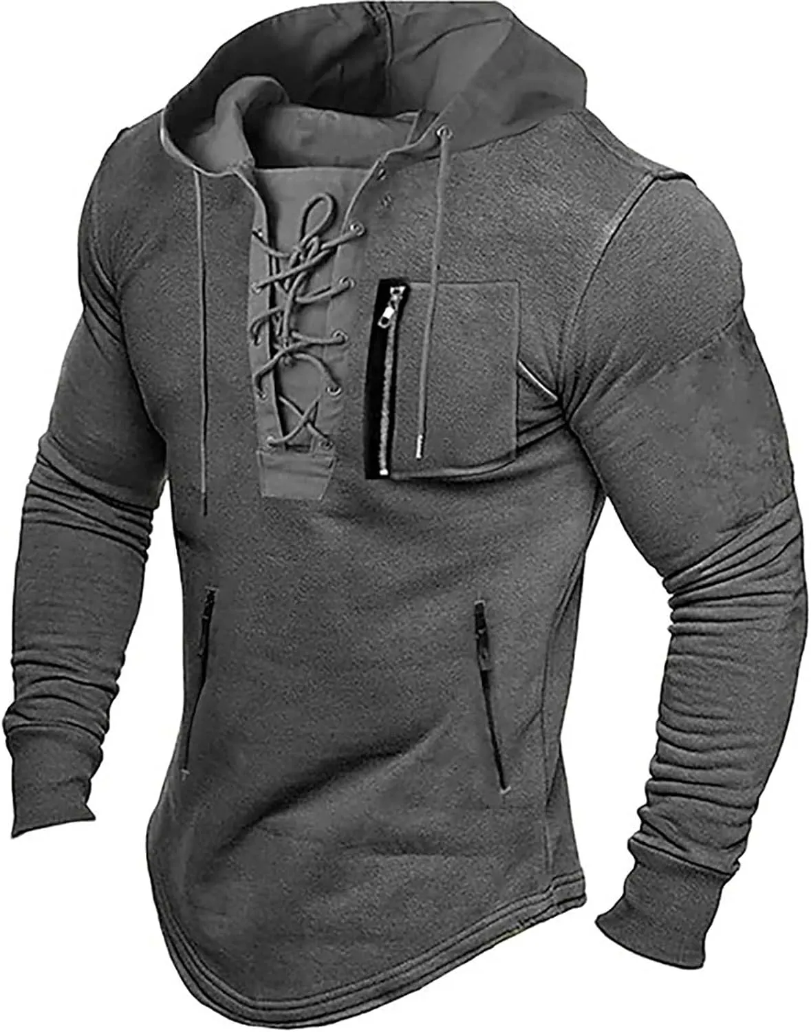 ZYXTIM Mens Military Tactical Hoodies Sweatshirts Lace Up Long Sleeve Slim Retro Distressed Gothic Shirts with Zipper Pockets